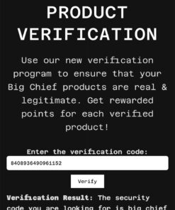 Big Chief product verification page confirming a genuine authenticity code