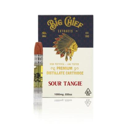 Big Chief THC Cartridge 1G Sour Tangie, authentic Big Chief cartridge in sealed packaging