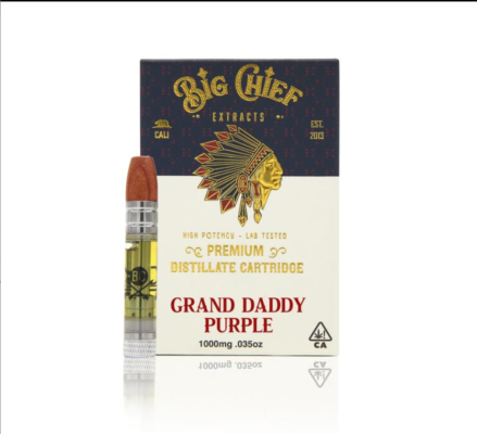 Big Chief THC Cartridge 1G GrandDaddyPurple, authentic Big Chief cartridge in sealed packaging